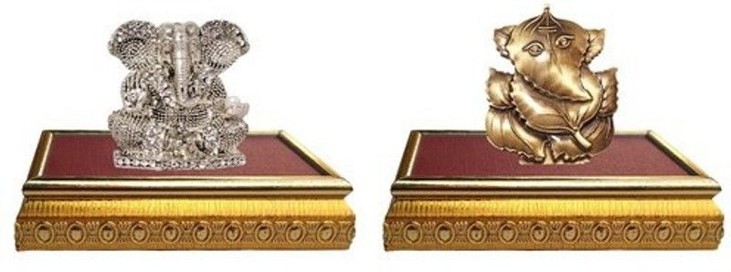 BEI Set of 2 with wooden base God Ganesh Idol Statue & God Ganesh / Ganpati / Lord Ganesha Idol - Statue Gift item Decorative Showpiece Decorative Showpiece - 11 cm  (Brass, Multicolor)