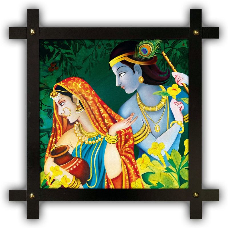 Poster N Frames Cross Wooden Frame Hand-Crafted with photo of Radha Krishna 14599 Digital Reprint 16.5 inch x 16.5 inch Painting  (With Frame)