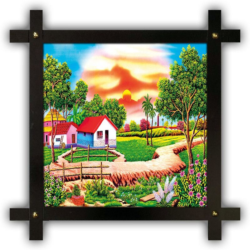 Poster N Frames Cross Wooden Frame Hand-Crafted with photo of Hand Painting Landscape Scenery 16828 Digital Reprint 16.5 inch x 16.5 inch Painting  (With Frame)