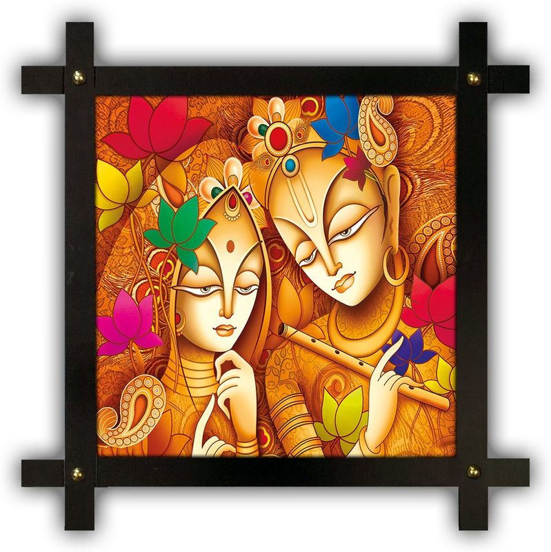 Poster N Frames Cross Wooden Frame Hand-Crafted with photo of Radha Krishna 7059 Digital Reprint 16.5 inch x 16.5 inch Painting  (With Frame)