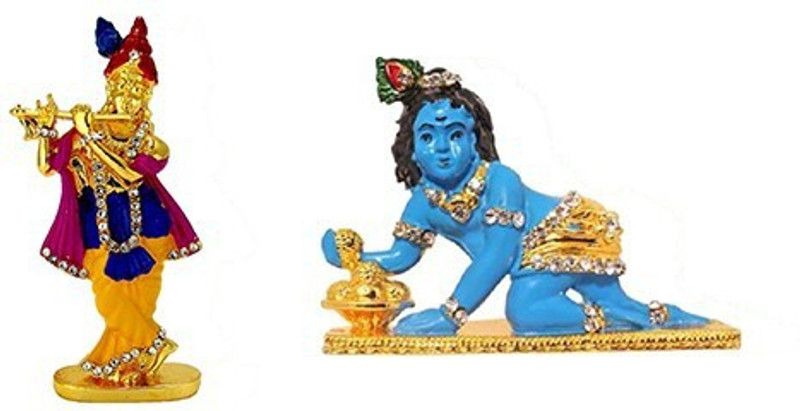 9facts Set of 2 Lord Krishna Idol Krishan statue Showpiece& Lord Krishna Idol Krishan statue God makhan chor / Balgobal Spiritual Puja Vastu Fegurine Decorative Showpiece - 5 cm  (Brass, Multicolor)