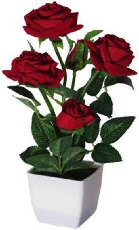 Priceless Deals Red, Green Rose Artificial Flower with Pot  (12 inch, Pack of 4, Flower Bunch)