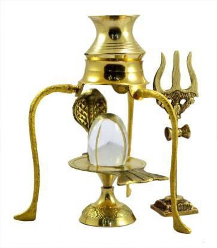 SBBCO l Crystal Shaligram Shiva Linag Lingam Statue Hindu Puja Brass with Snake Kalash Stand Decorative Pooja Thali Shivling Stone Trishul Set Home Decor Religious Spiritual Narmadeshwar Temple Decorative Showpiece - 12 cm  (Bronze, Gold)