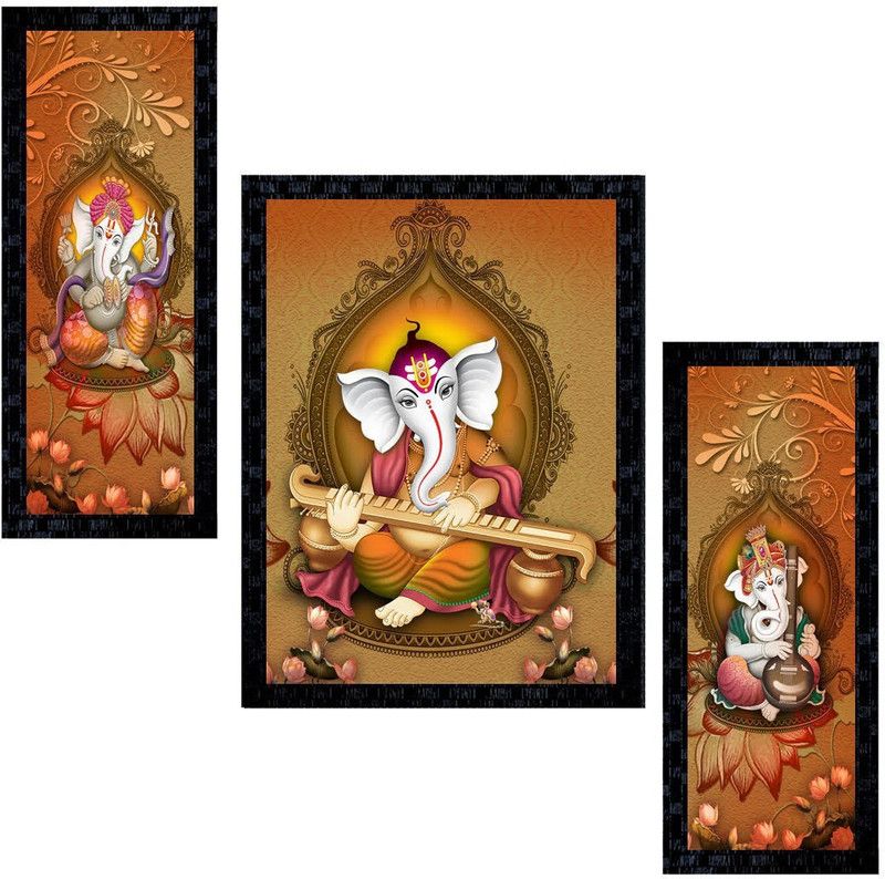 Janki Online Set of 3 Ganesh Ji Modern Art Glass Framed Wall Painting For Home Office and Temple and Home Décor Digital Reprint 14 inch x 11 inch Painting  (With Frame, Pack of 3)