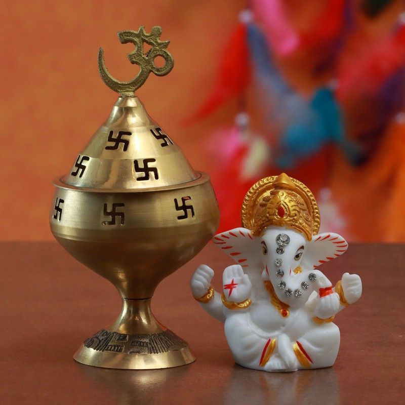 Ferns N Petals Combo Of Ganesha Idol & Akhand Jyoti Diya For Diwali Festive Decorative Showpiece - 8 cm  (Polyresin, Multicolor)