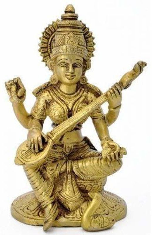 vrindavan shopi Maa Saraswati Mata Idol Sitting on Hans (Standard, Golden) 700gms Decorative Showpiece - 11 cm  (Brass, Gold)