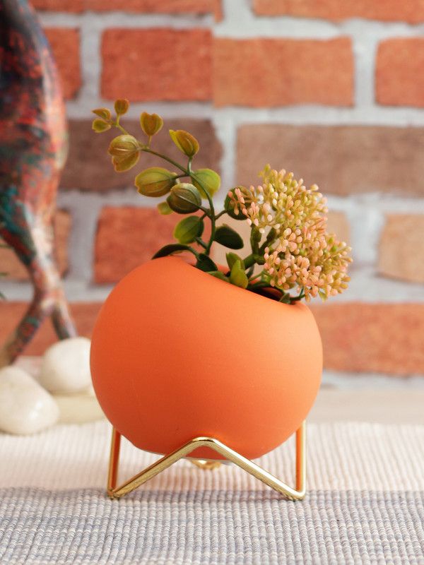 TAYHAA Orange Coloured Ceramic Vase With Golden Stand Ceramic Vase  (3.5100000000000002 inch, Orange)