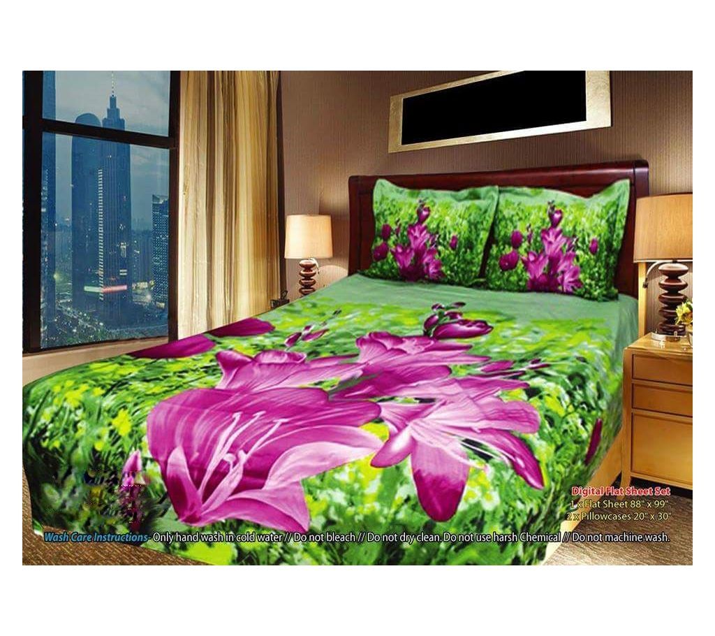 Panel Bedsheet- Green With Violet Flower - ANJ