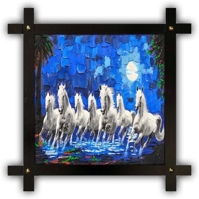 Poster N Frames Cross Wooden Frame Hand-Crafted with photo of vastu 7 (Seven) Horse 18161 crossframe Digital Reprint 16.5 inch x 16.5 inch Painting  (With Frame)