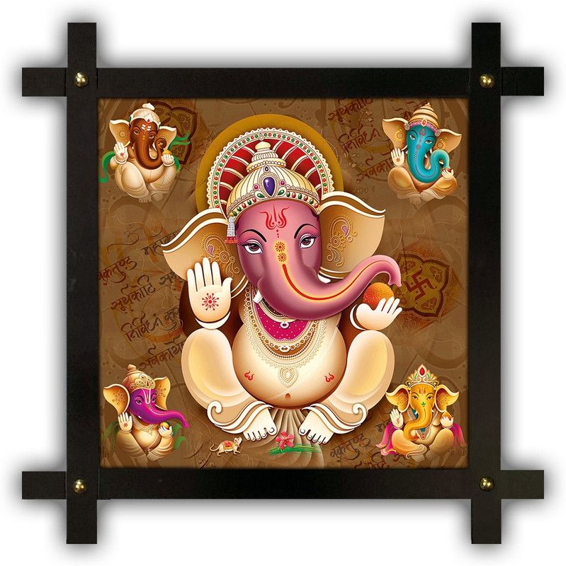 Poster N Frames Cross Wooden Frame Hand-Crafted with photo of Ganeshji (ganpati) 14886-crossframe Digital Reprint 16.5 inch x 16.5 inch Painting  (With Frame)