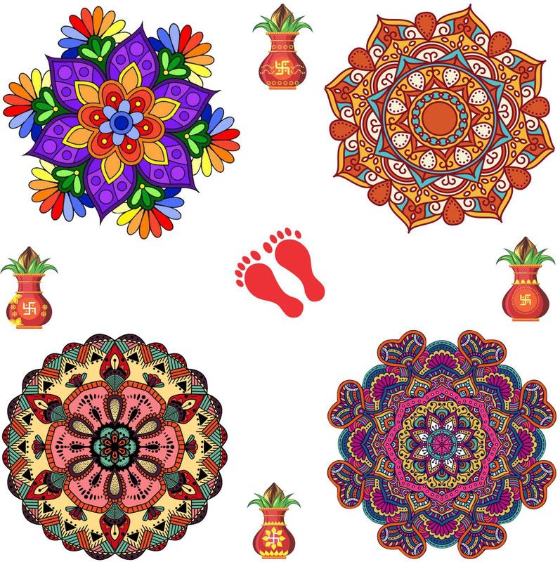 Decoration Designs 30 cm Floral Rangoli Combo Sticker for Diwali with KalGDh _GD592 Self Adhesive Sticker  (Pack of 9)