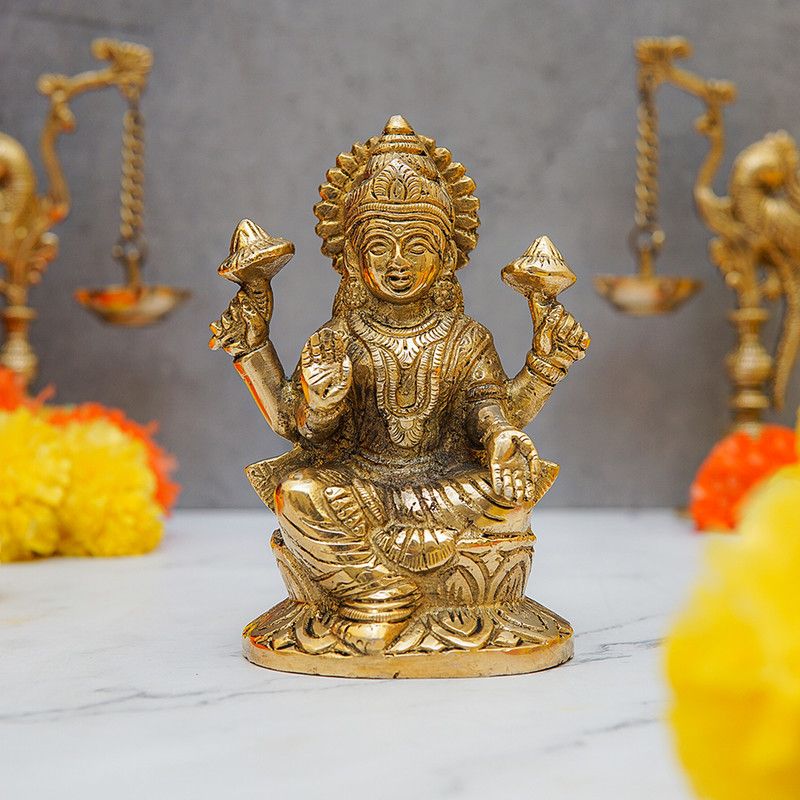 StatueStudio Laxmi statue Lakshmi Idol Lakshami Statue for Home Temple Diwali & New Year Gift Decorative Showpiece - 12.7 cm  (Brass, Gold)