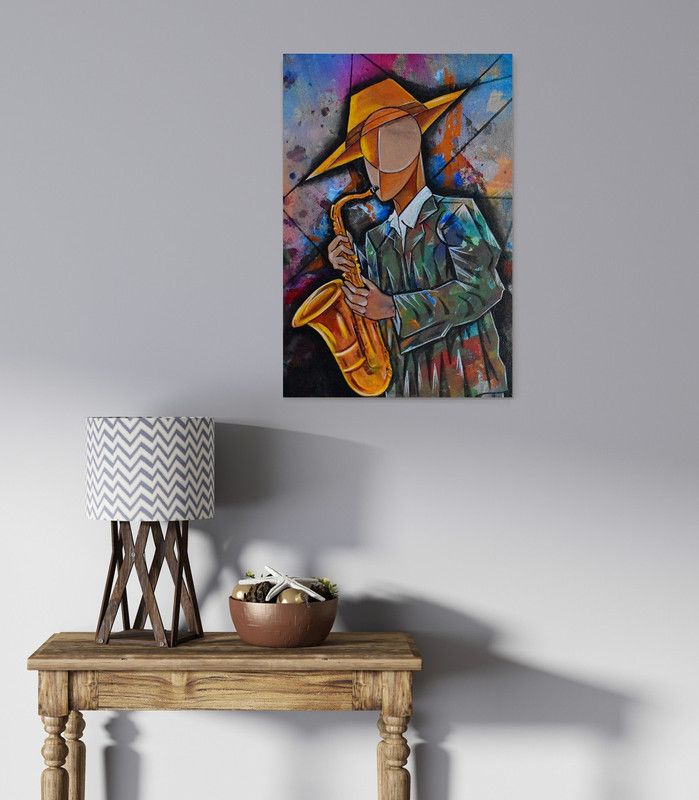 DWELLSINDIA Man Playing Saxophone Cubist Art Unframed Canvas Art Print for Home & Office (24 X 36 Inch, Multicolor) Canvas 36 inch x 24 inch Painting  (Without Frame)