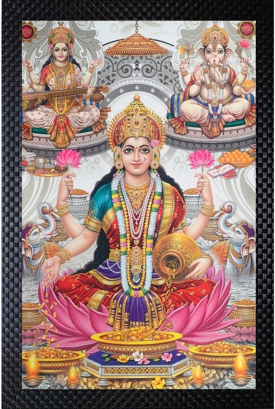 Janki Laxmi Maa Saraswati Maa Ganesha Wall Painting Photo Frame Digital Reprint 20 inch x 14 inch Painting  (With Frame)