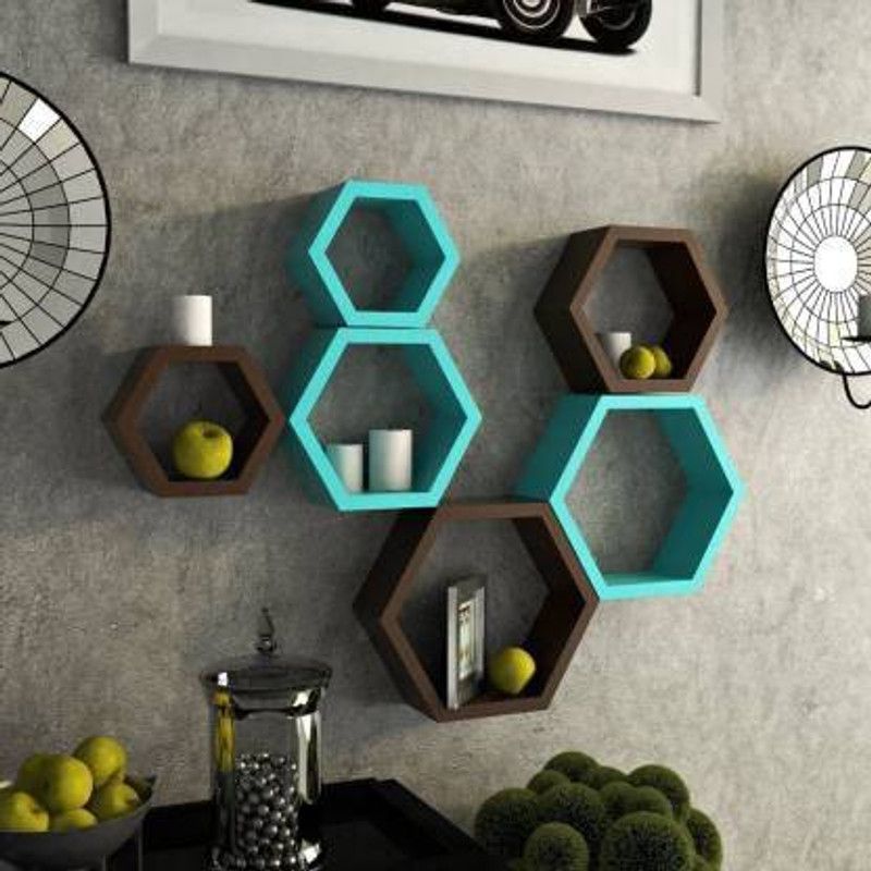 ANB Enterprises Wall shelf Hexagon shelves MDF Wall hanging mounted floating wall decorative item living room bedroom MDF (Medium Density Fiber) Wall Shelf  (Number of Shelves - 6, Brown, Blue)