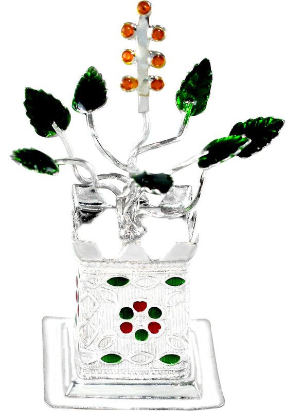 KMJ pure silver tulsi plant for pooja and gifting purpose (wt. 23 gms) Decorative Showpiece - 7.5 cm  (Silver, Silver, Green, Orange)