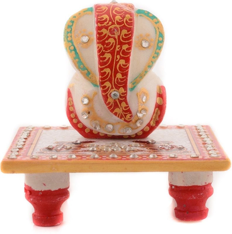 eCraftIndia Lord Ganesha on Chowki with Rats Decorative Showpiece - 10 cm  (Marble, Red, Green)