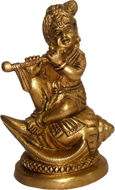 Aesthetic Decors Baby Krishna Sitting On Shankh Round Base Decorative Showpiece - 11.5 cm  (Brass, Gold)