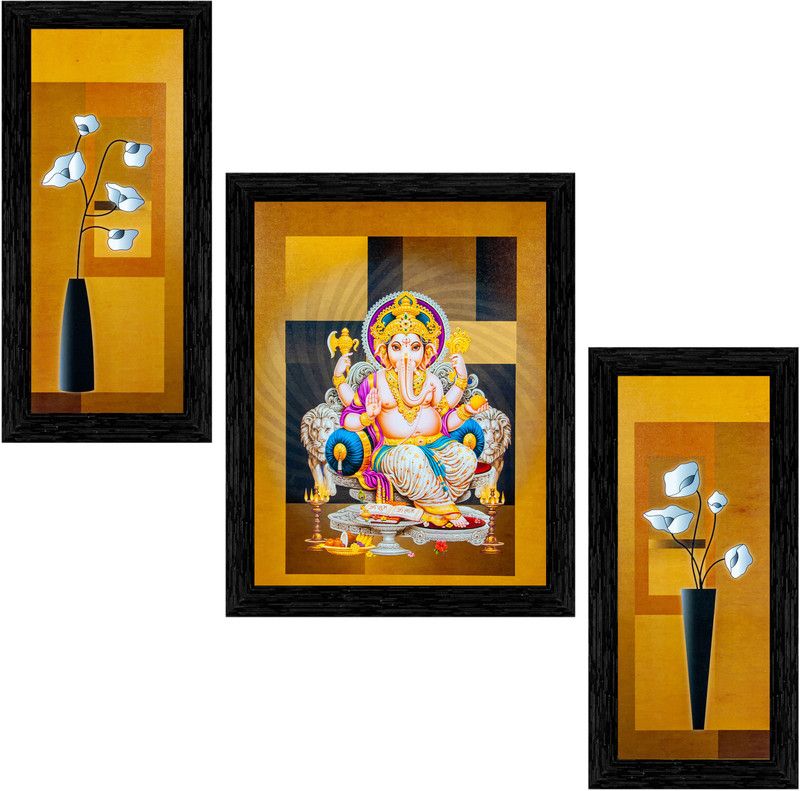 Indianara Set of 3 "Lord Ganesha" Framed Painting (3018BK) without glass (6 X 13, 10.2 X 13, 6 X 13 INCH) Digital Reprint 13 inch x 10.2 inch Painting  (With Frame, Pack of 3)