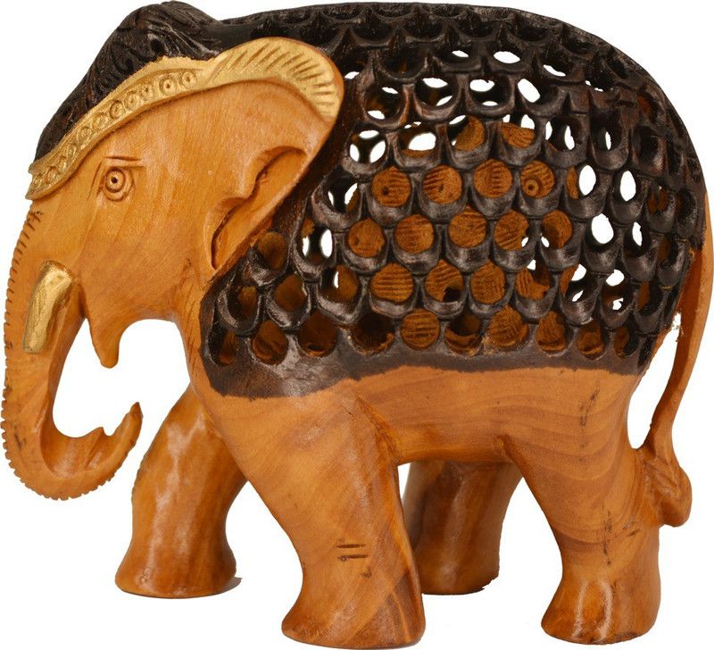 Santarms Handmade Wooden Jali Elephant Decorative Showpiece - 10 cm  (Wood, Multicolor)