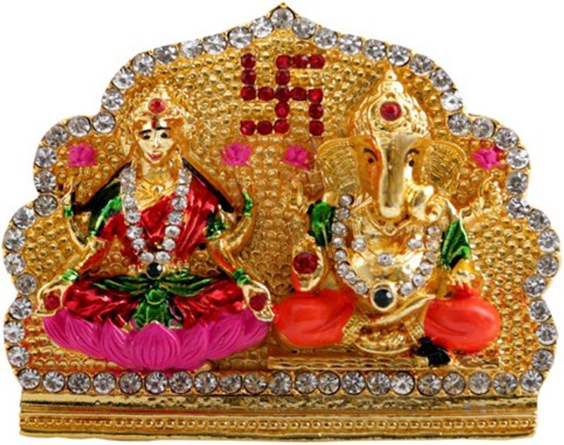 SIGNAA Laxmi Ganesha on Singhasan Idol Handicraft Decorative Home, Temple, Car Statue Decorative Showpiece - 6 cm  (Brass, Multicolor)