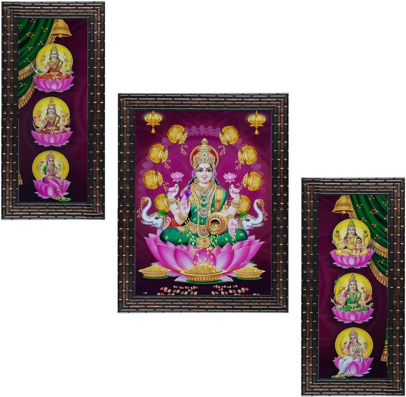 Indianara Set of 3 "Ashtalakshmi" Framed Painting (3461GB) without glass 6 X 13, 10.2 X 13, 6 X 13 INCH Digital Reprint 13 inch x 10.2 inch Painting  (With Frame, Pack of 3)
