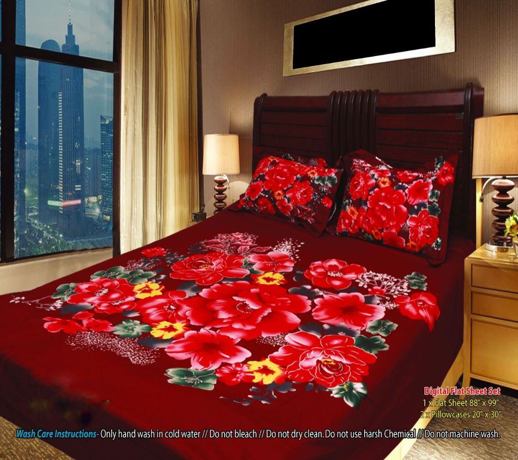 Panel Bedsheet - Maroon with Red Flower - ANJ