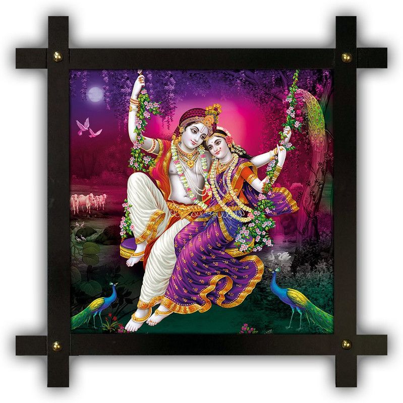 Poster N Frames Cross Wooden Frame Hand-Crafted with photo of Radha Krishna 14808 Digital Reprint 16.5 inch x 16.5 inch Painting  (With Frame)