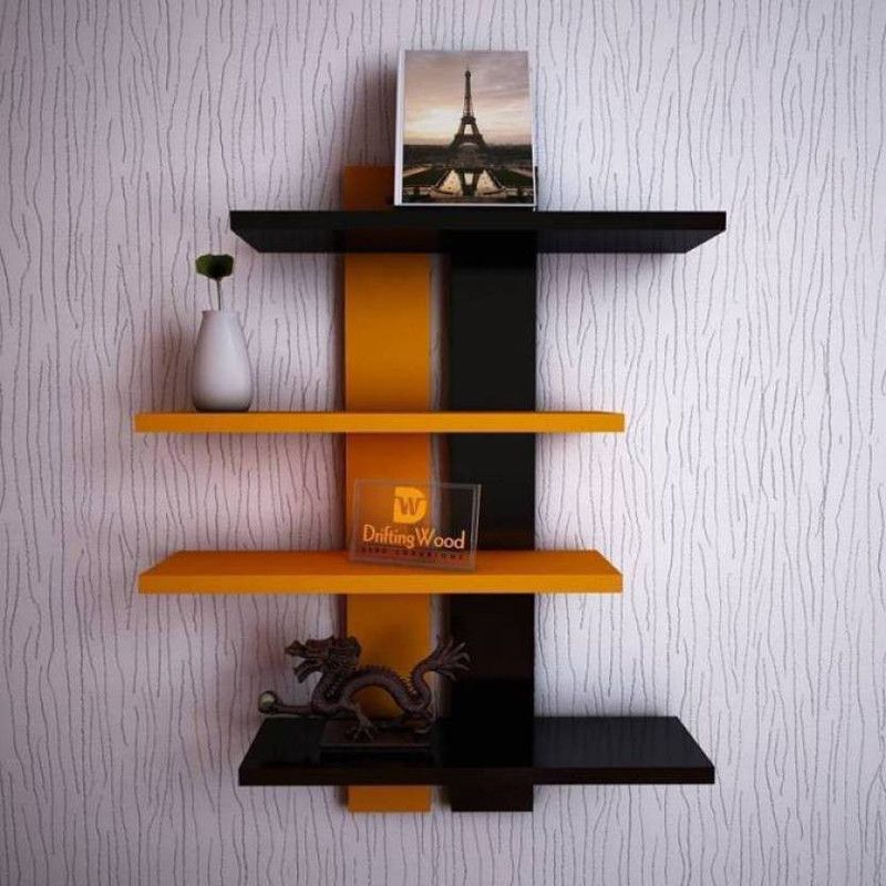 wooden creation DOUBLE PATTI SHELF BLACK YELLOW MDF (Medium Density Fiber) Wall Shelf  (Number of Shelves - 6)