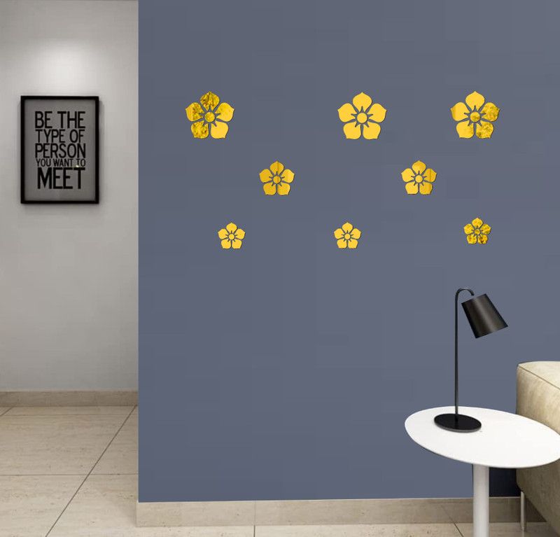 Decor studio 33.02 cm beautiful flowers golden acrylic sticker Self Adhesive Sticker  (Pack of 1)