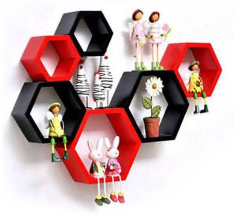 ANB Enterprises Hexagon wall shelf MDF (Medium Density Fiber) Wall Shelf  (Number of Shelves - 6, Red, Black)