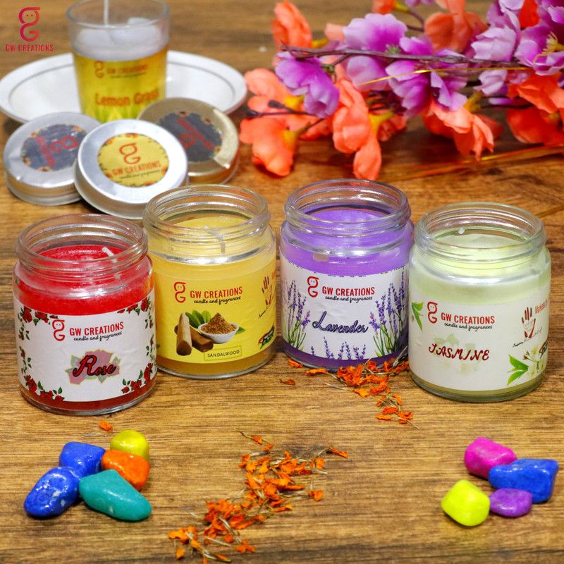 GW Creations Combo Set of 4 rose-sandalwood-Lavender-jasmine fragrances Circle Glass Jar Candle  (Red, Yellow, Purple, Green, Pack of 4)