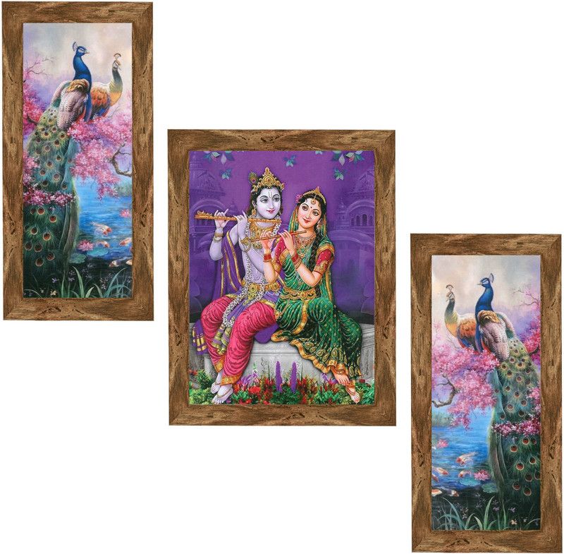Indianara Set of 3 Radha Krishna with Peacocks Art Painting (4188WNT) without glass Digital Reprint 13 inch x 10.2 inch Painting  (With Frame, Pack of 3)