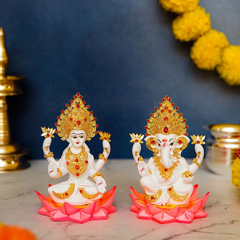 StatueStudio Laxmi Ganesh Statue Lakshmi Ganesha Idol for Home Decor, Diwali & New Year Gift Decorative Showpiece - 12.7 cm  (Polyresin, Gold)