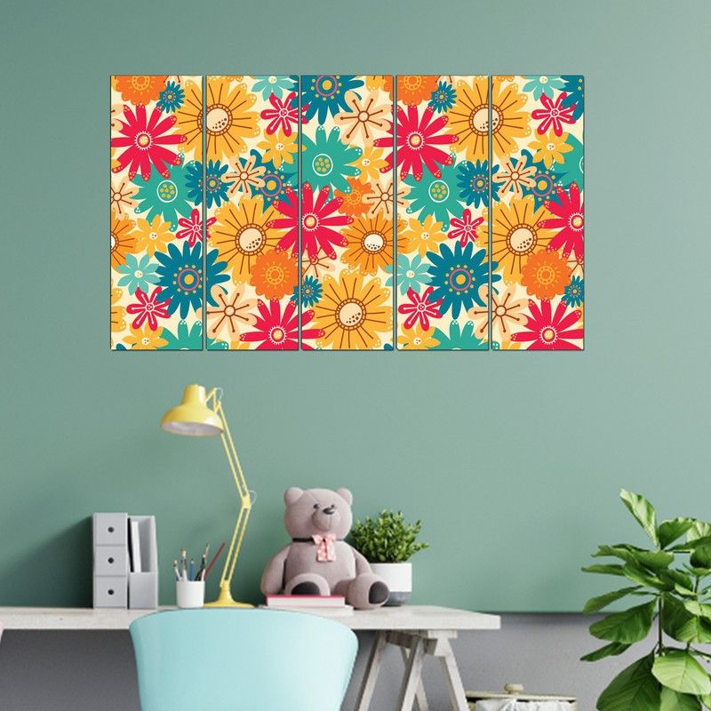 uDecore Colorful Modern Flowers Pattern MDF Framed Set of 5 Digital Reprint Wall Painting (Size W-30 inch x H-18 inch/W-75 cm x H-46 cm) Digital Reprint 18 inch x 30 inch Painting  (With Frame, Pack of 5)