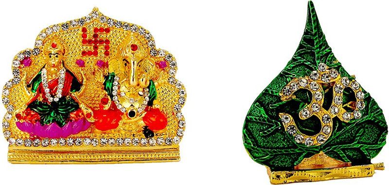Le Lord Ganesha | Goddess Laxmi | Lakshmi Ganesh | Om Symbol | Electroplated | Religious Idols for Vastu | Gifts | Feng Shui | For Car Dashboard & Gift | Decorative Idols Decorative Showpiece - 10.5 cm  (Brass, Gold)