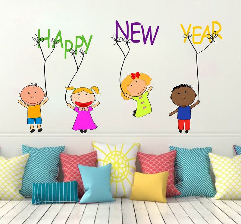 Dumdic 90 cm Kids Wishing Happy New Year Multicolor Large Vinyl Wallsticker (90 cm x 52 cm) Self Adhesive Sticker  (Pack of 1)