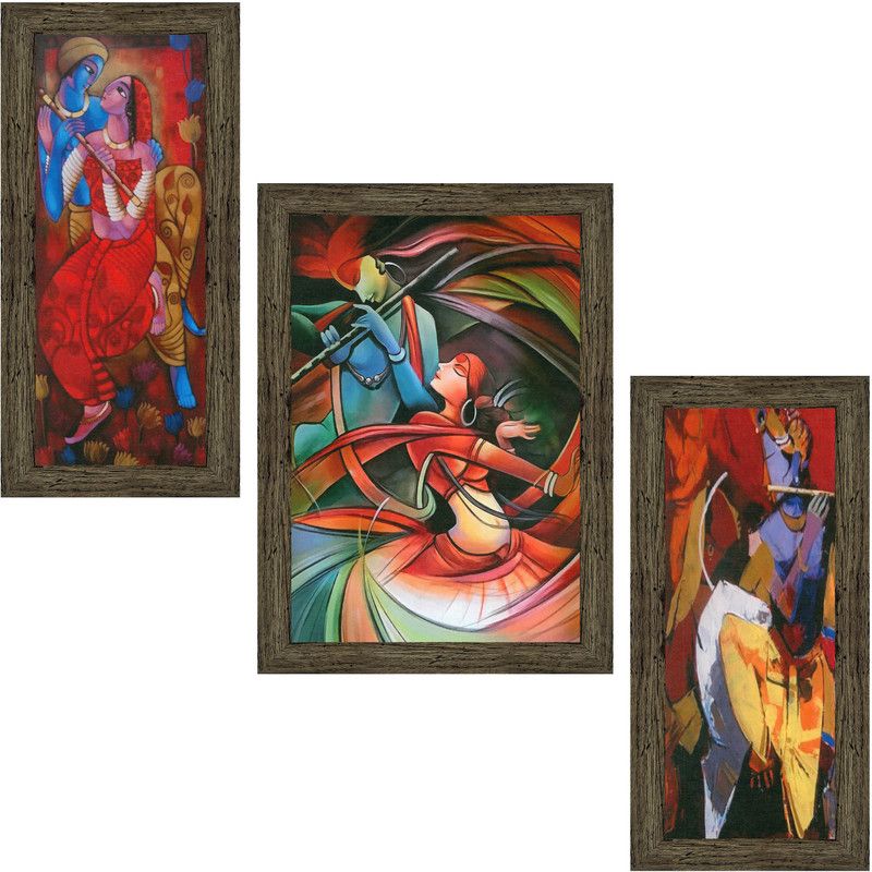 Indianara Set of 3 Radha Krishna Art Painting (4186EBY) without glass Digital Reprint 13 inch x 10.2 inch Painting  (With Frame, Pack of 3)