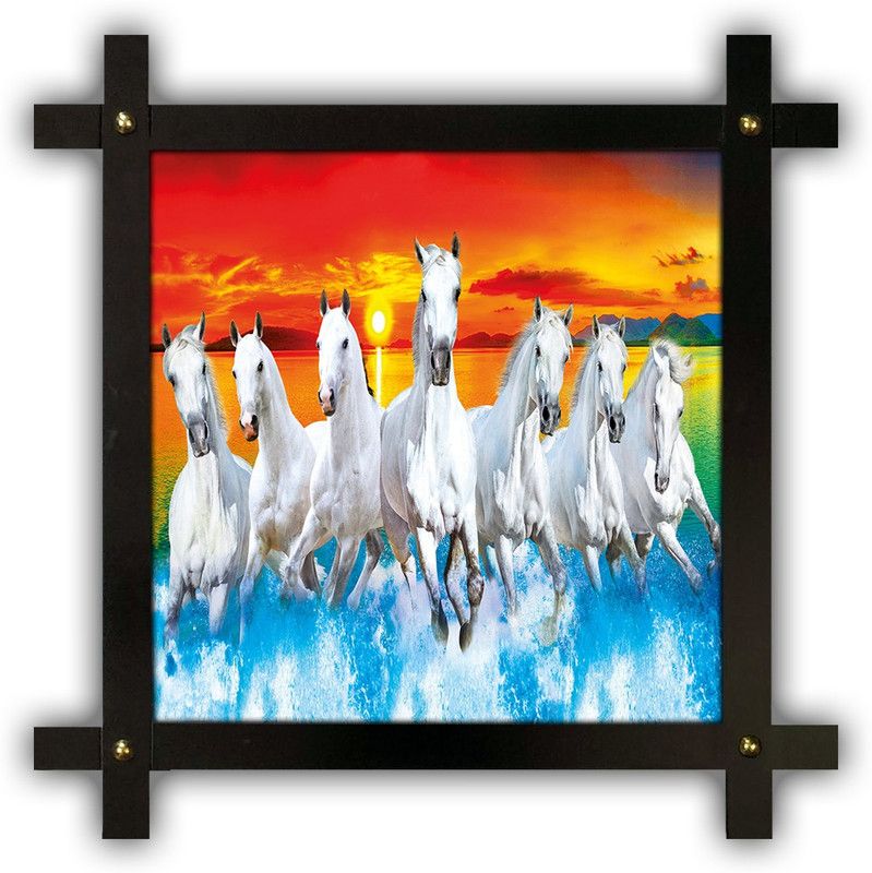Poster N Frames Cross Wooden Frame Hand-Crafted with photo of vastu 7 (Seven) Horse m-31 crossframe Digital Reprint 16.5 inch x 16.5 inch Painting  (With Frame)