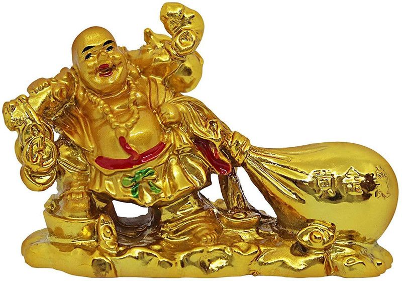 REVASHREE CRAFT WORLD Feng Shui Laughing Buddha with Side Money Potli Bag for Wealth, Good Luck and Success Decorative Showpiece | Home, Office, Shop Drawing Room Decor (Polyresin, Golden) (6 cm) Decorative Showpiece - 6 cm  (Polyresin, Gold)