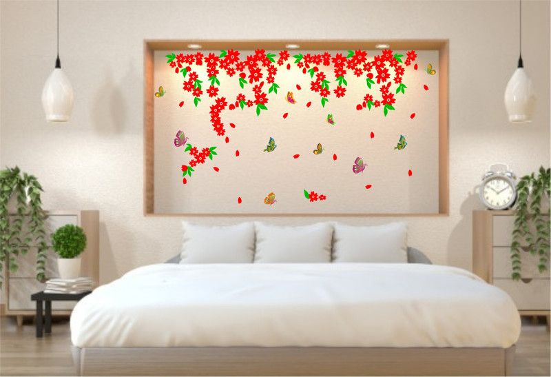 Kanha Enterprises 65 cm Red flower with colorful butterflyes pvc vinyl multicolor decorative wall sticker for wall decoration size : 65 Cm X 117 Cm Self Adhesive Sticker  (Pack of 1)