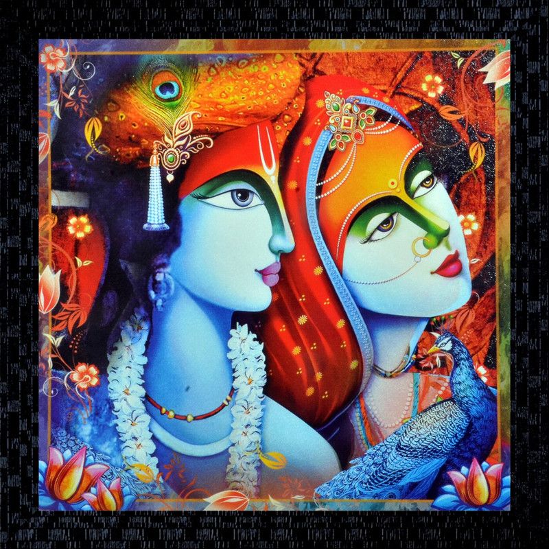 Janki Radha Krishna Modern Art Wall Painting Canvas 14 inch x 14 inch Painting  (With Frame)