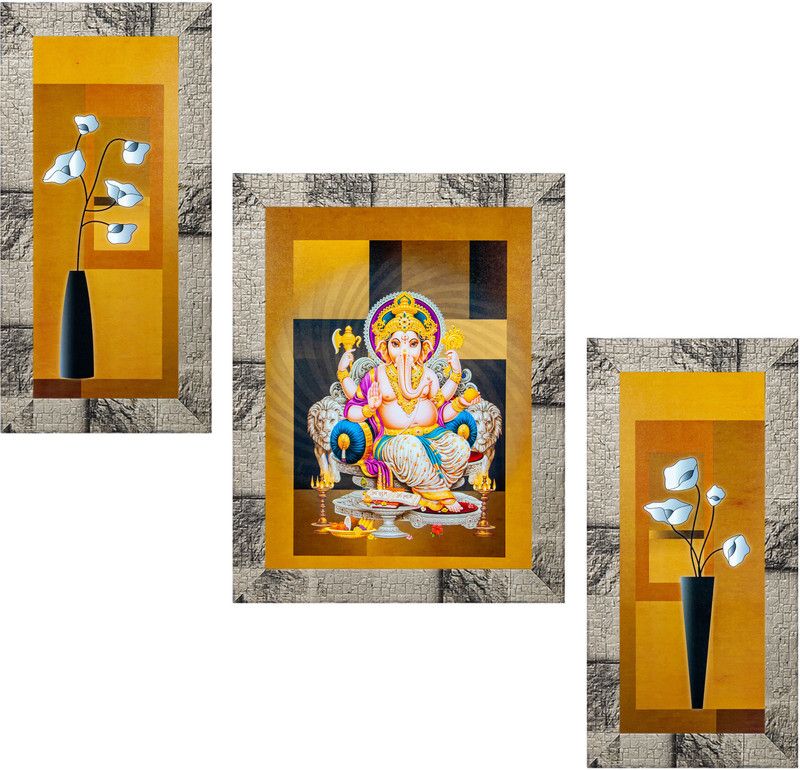 Indianara Set of 3 "Lord Ganesha" Framed Painting (3018MW) without glass (6 X 13, 10.2 X 13, 6 X 13 INCH) Digital Reprint 13 inch x 10.2 inch Painting  (With Frame, Pack of 3)