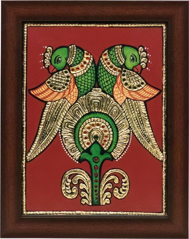 Mangala Arts Parrot Acrylic Tanjore Painting, 24 Carat Gold Foil Painting Natural Colors 14 inch x 11 inch Painting  (With Frame)