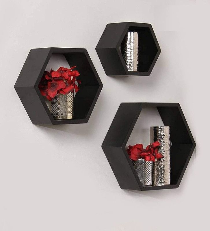 Asad Wooden Floating Oval Shape Wall Shelf MDF (Medium Density Fiber) Wall Shelf  (Number of Shelves - 3, Black)