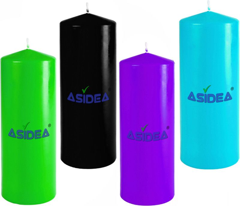 ASIDEA Set of 4 Pillar Candle for Home Decor, BIrthday decoration Candle  (Green, Black, Purple, Multicolor, Pack of 4)