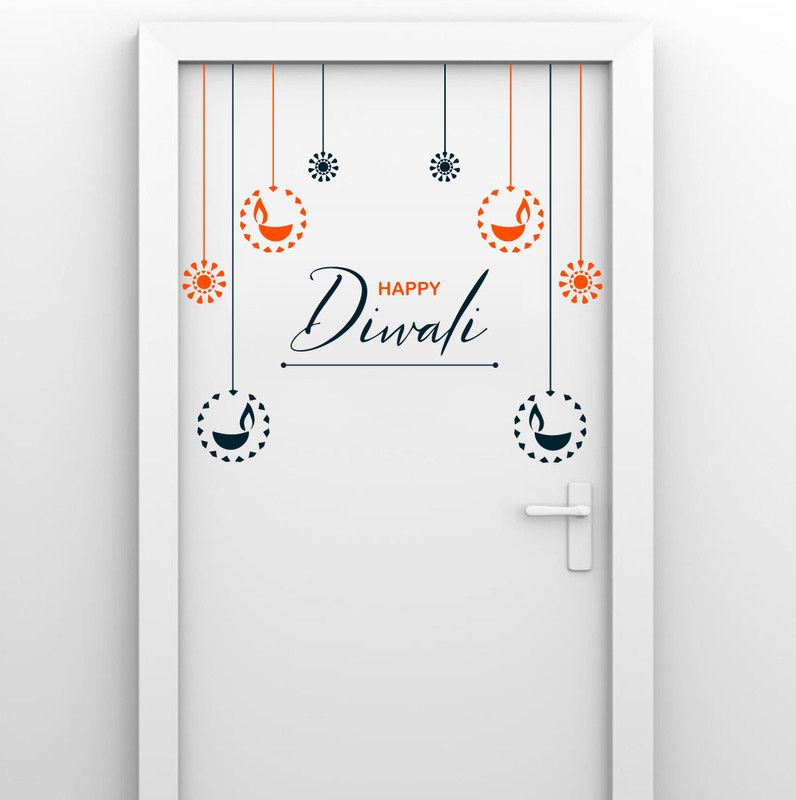 Crown Decals 46 cm Happy diwali pvc vinyl decorative wall sticker for wall decoration size : 46 Cm X 48 Cm Self Adhesive Sticker  (Pack of 1)
