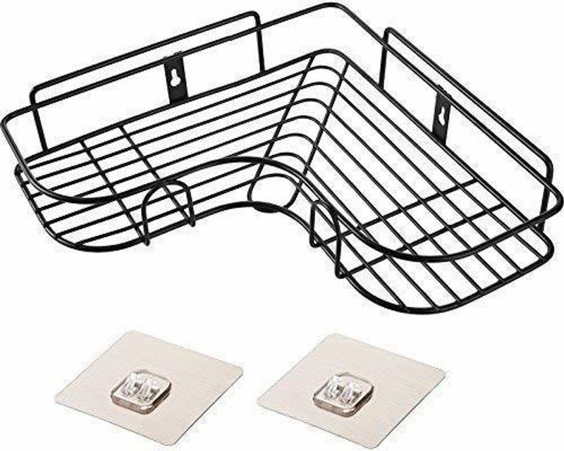 Gruham Mart Steel Self-Adhesive Metal Storage Organizer Bathroom Corner Rack Shelves Steel Wall Shelf  (Number of Shelves - 1, Black)