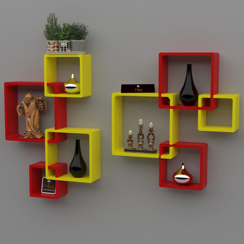 Wooden Wall Shelf  (Number of Shelves - 8, Red, Yellow)