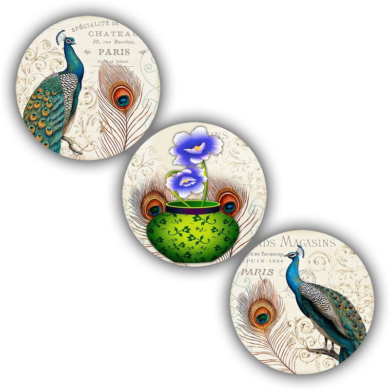 Janki Modern Art Birds 3 Piece Set of 3 Round 6mm MDF Wall Paintings Digital Reprint 12 inch x 12 inch Painting  (With Frame, Pack of 3)